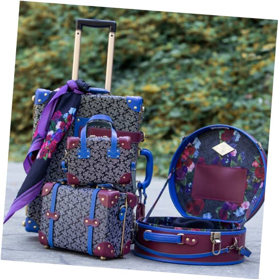 The collection of four Fluevog x SteamLine travel cases.