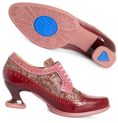 The burgundy Fluevog Sole Talk Dr. Gunter heels.