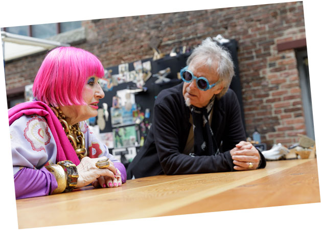 Zandra Rhodes and John Fluevog talking at the Fluevog Gastown head office.