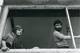 John Fluevog and Peter Fox looking out the window of their Gastown store, originally located at 2 Powell Street.