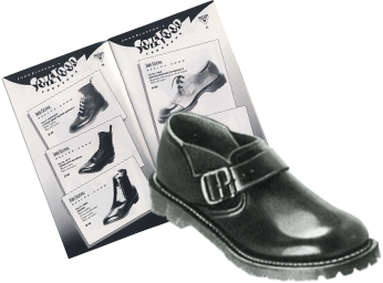 An image composition of a vintage Dr. Martens buckle shoe over one of John's catalogues opened to a page spread showing three Fluevog boots and a Dr. Martens shoe with laces.
