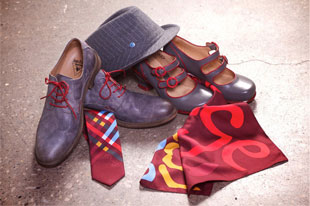 The custom Kitschy Kitschy Boom Boom Liz double-strap mary jane and Feature Grant casual leather shoe, both in gray with red details for Air Canada Rouge.