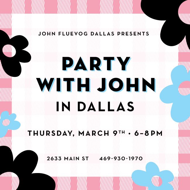 1x1 photo with pink checkerboard frame and blue and black flowers. Sign says "John Fluevog Shoes Presents: Party with John in Dallas"