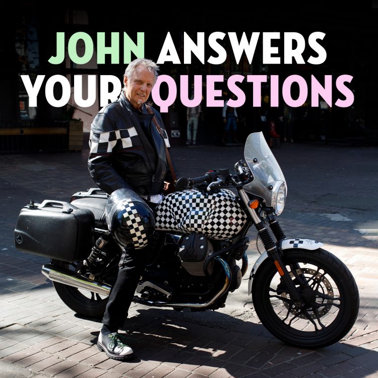 John Fluevog on a custom painted 2013 Moto Guzzi V7 with text "John Answers Your Questions".