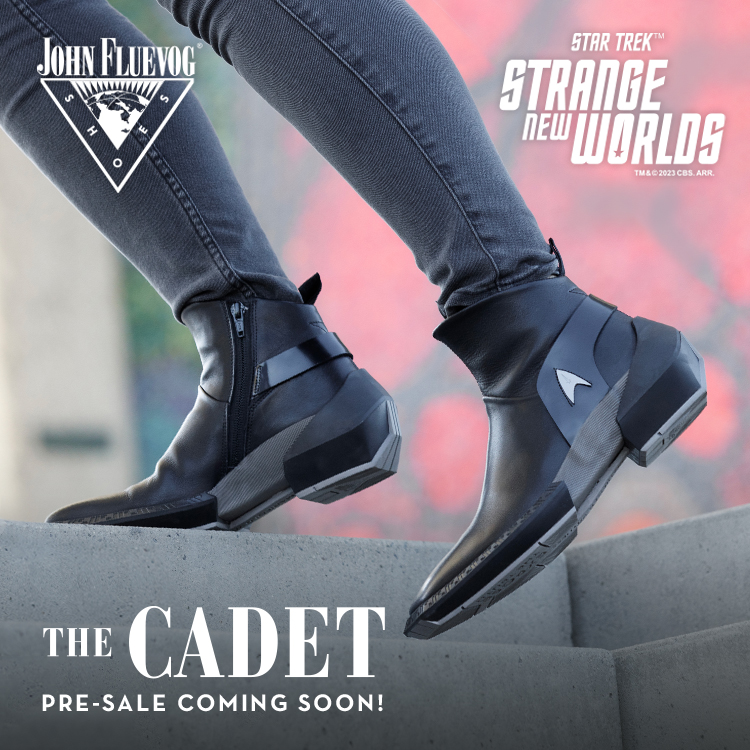 The Cadet boot, the latest collaboration from Fluevog x Star Trek: Strange New Worlds. Copy: "The Cadet. Pre-sale coming soon!"