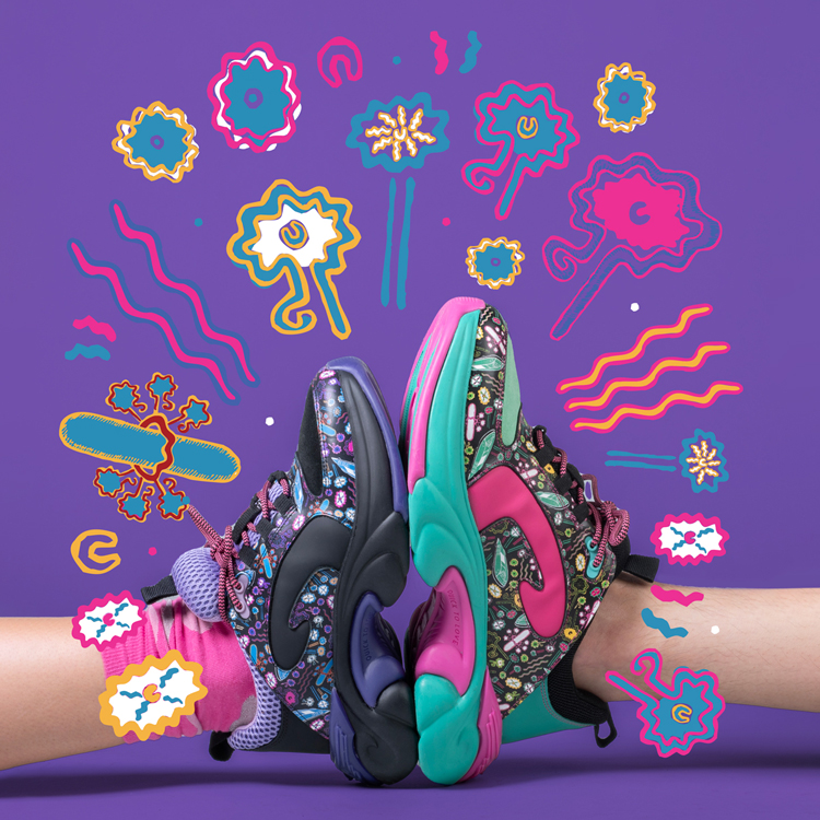 The purple Duesy and teal Duesy sneakers, sole to sole. Illustrated graphics of the My Neon Man print from Zandra Rhodes decorates the image.