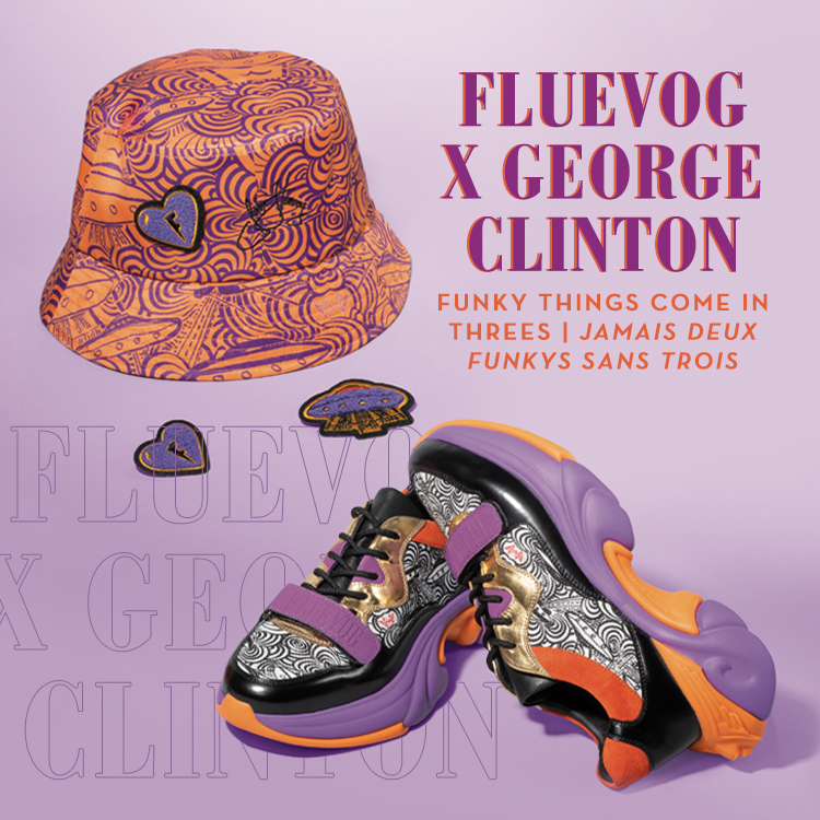 Text: "Fluevog x George Clinton: Funky Things Come in Threes | Jamais deux Funkys sans Trois" Image: The Soul Speed Bonneville sneakers, bucket hat, and iron-on patches from the Fluevog x George Clinton capsule collection for Spring/Summer 2024.