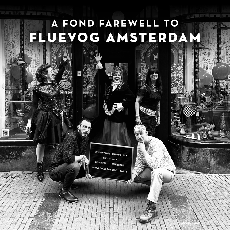 Text: A Fond Farewell to Fluevog Amsterdam | Photo: Fluevog Amsterdam staff outside their store on International Fluevog Day 2023.
