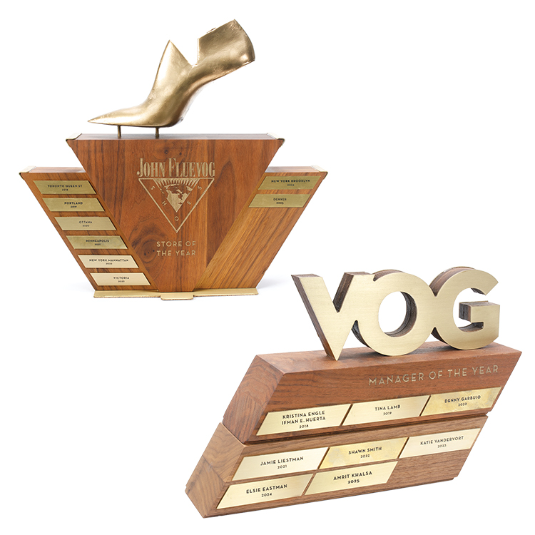 Fluevogologist's Awards 2025 - Manager of the year trophy and Fluevogologist's Awards 2025 - Store of the year trophy
