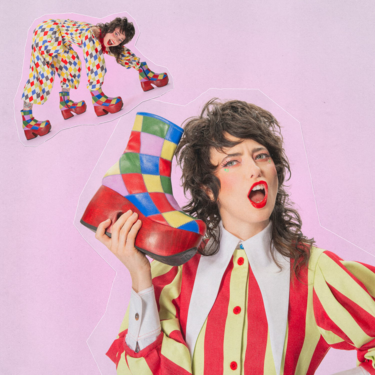 SNL cast member and stand-up comedian Sarah Sherman in various poses, wearing the Sarah Squirm boot.